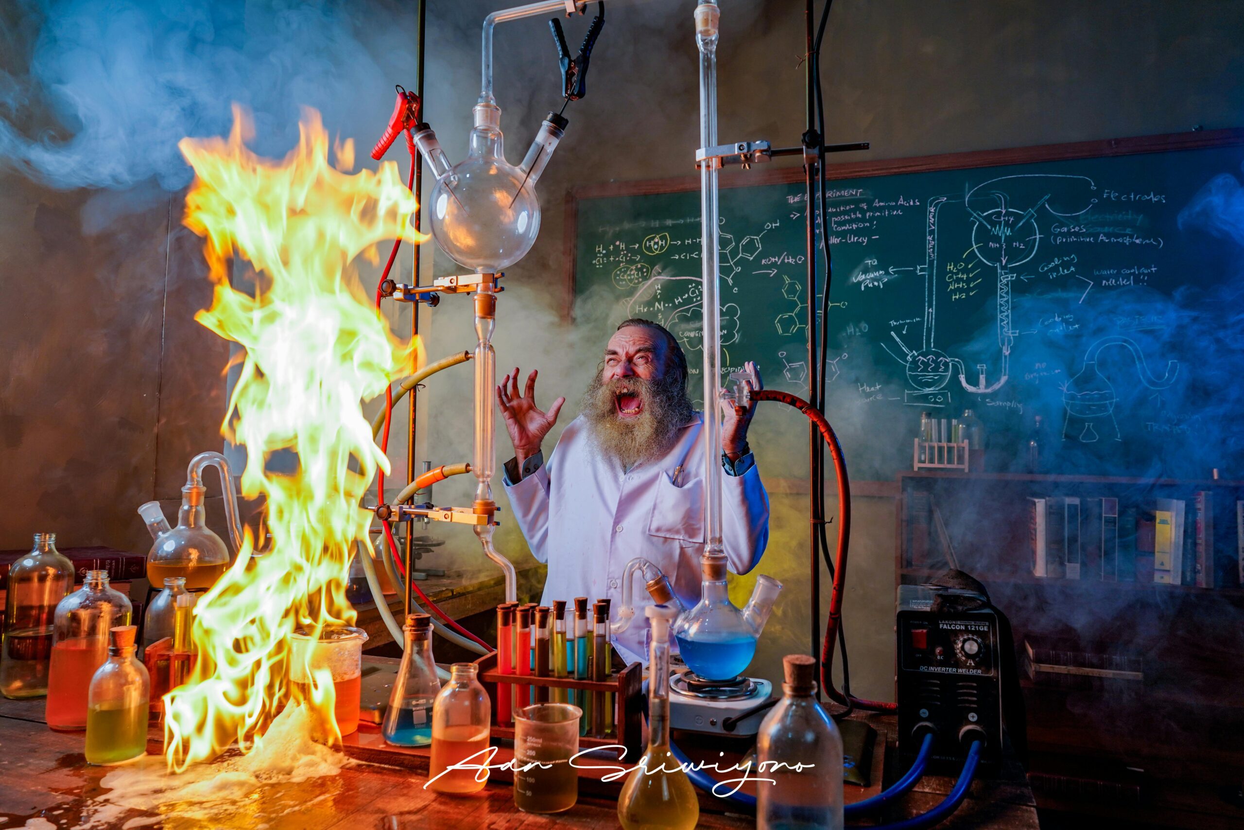A dynamic scene of a scientist in a lab with chemical experiments and fire.